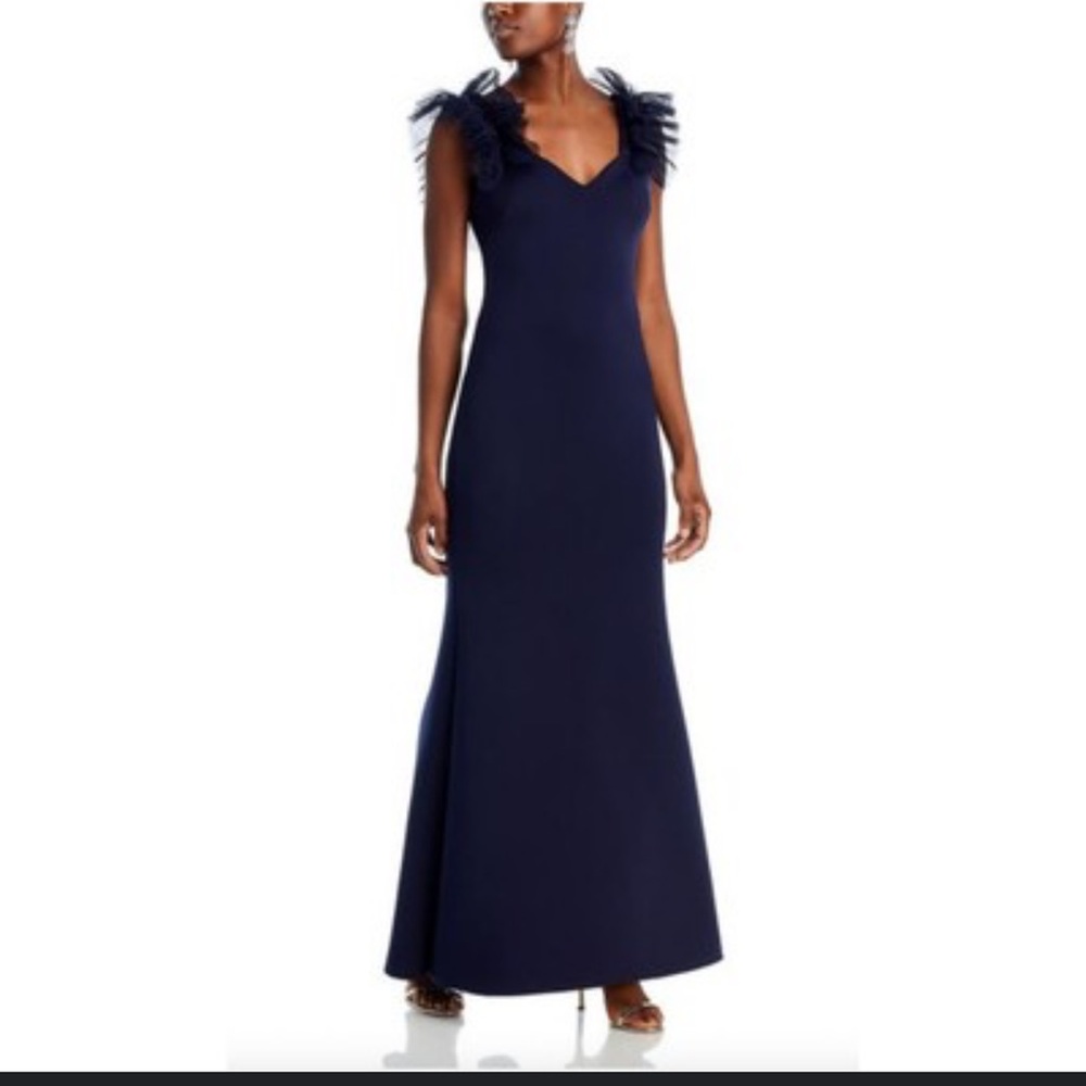 Eliza J Navy Ruffle-Shoulder V-Neck Maxi Dress